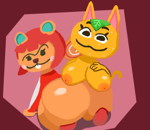 anthro big_breasts big_butt breasts butt duo female food hair leaf nipples orange_body red_hair smile trulyvillain animal_crossing nintendo hazel_(animal_crossing) tangy_(animal_crossing) domestic_cat felid feline felis food_creature mammal rodent sciurid tree_squirrel low_res