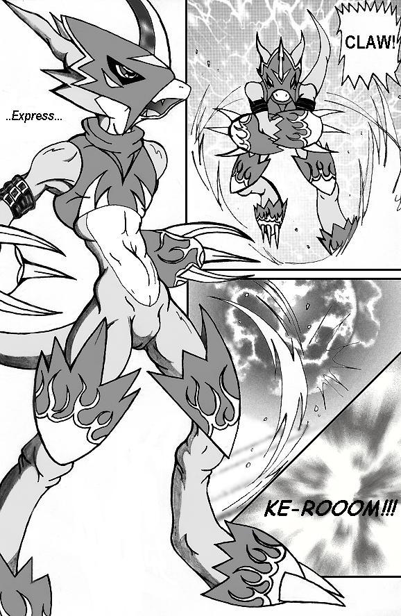 anthro armor battle battle_armor battle_cry battle_helmet belly boom bulge claws clothed clothing comic_panel dialogue energy_ball explosion featureless_crotch fighting_pose looking_at_viewer machine male open_mouth pose power_armor simple_background solo sound_effects tail text white_belly white_body white_skin bandai_namco digimon mythology animal_humanoid digimon_(species) dragon flamedramon humanoid mythological_creature mythological_scalie scalie comic english_text