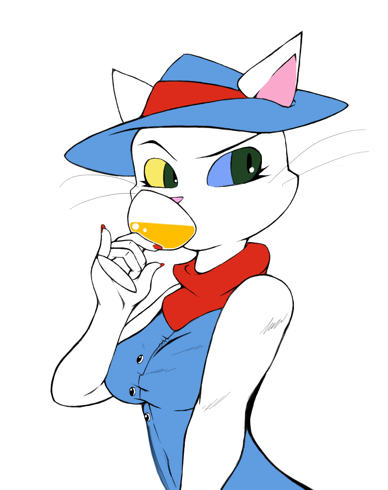 blue_sclera clothing drinking female fur green_eyes hat headgear headwear heterochromia scarf solo white_body white_fur yellow_sclera rheumatism domestic_cat felid feline felis mammal