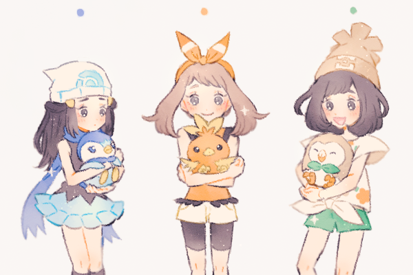 ambiguous_gender beak biped black_eyes black_hair blue_body blue_eyes bottomwear brown_body brown_hair carrying_another clothed clothing eyes_closed female feral grey_background group hair hat headgear headwear looking_at_another open_mouth open_smile orange_body shorts simple_background smile standing white_body ryokuno4 nintendo pokemon dawn_(pokemon) may_(pokemon) pokemon_trainer selene_(pokemon) avian bird generation_3_pokemon generation_4_pokemon generation_7_pokemon human mammal piplup pokemon_(species) rowlet torchic 2020 3:2