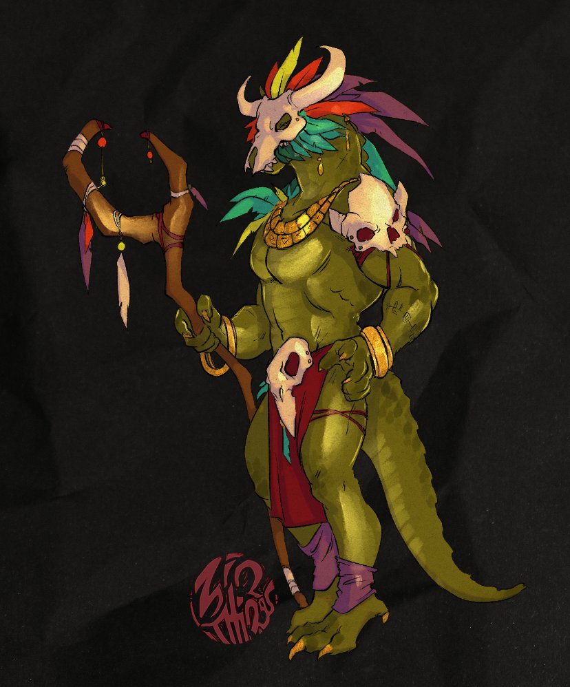 abs anthro biceps bone bottomwear clothing loincloth male mask muscular muscular_anthro muscular_male pecs scales skull skull_mask solo staff zinthings terraria witch_doctor_(terraria) lihzahrd lizard reptile scalie