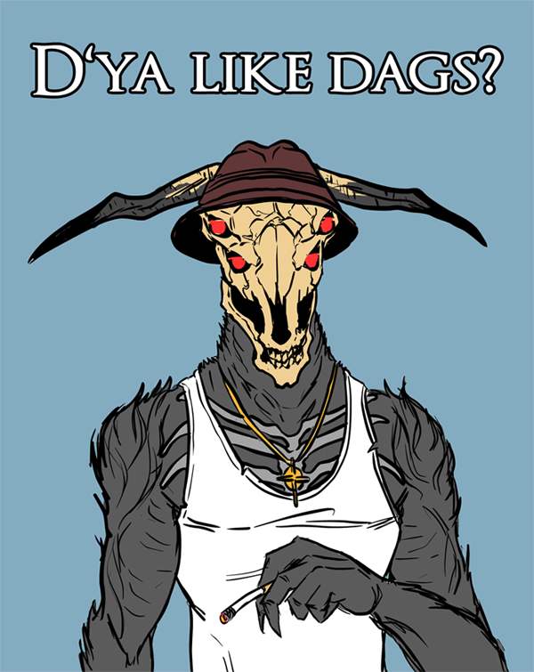 bone cigarette clothed clothing grey_body hat headgear headwear horn jewelry male multi_eye necklace red_eyes shirt skull skull_head solo tank_top text topwear menaslg dark_souls fromsoftware snatch_(film) capra_demon demon english_text half-length_portrait meme portrait