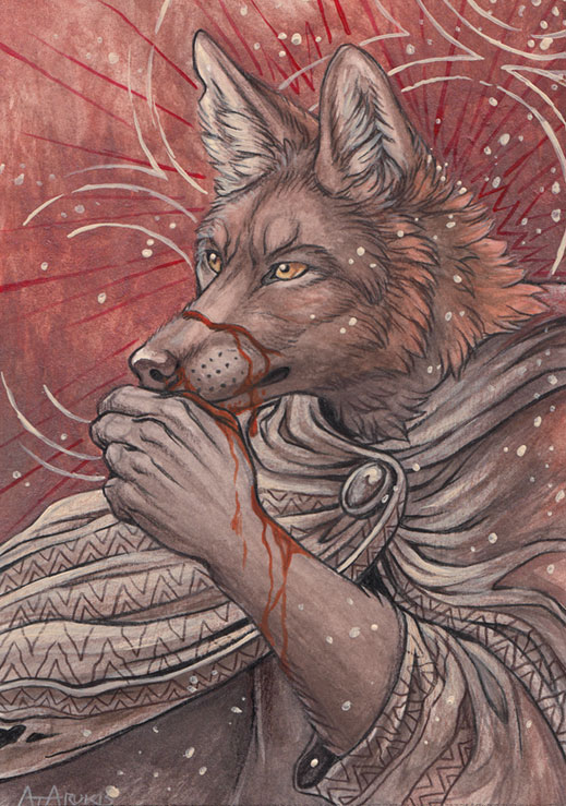 anthro blood bodily_fluids cloak clothed clothing fur male solo rukis ransom canid canine canis coyote mammal 2015