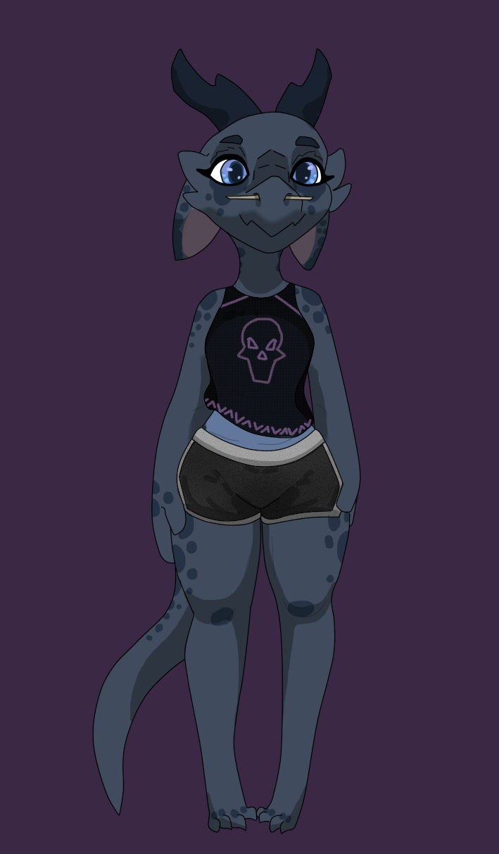 anthro black_clothing blue_body blue_eyes blue_scales blue_tail bottomwear claws clothing eyelashes facial_piercing female freckles gauged_septum grey_clothing grey_tail markings nose_piercing piercing purple_clothing scales septum_piercing solo spots spotted_markings tail topwear white_clothing squablodecomplash vex_(squablodecomplash) kobold scalie hi_res