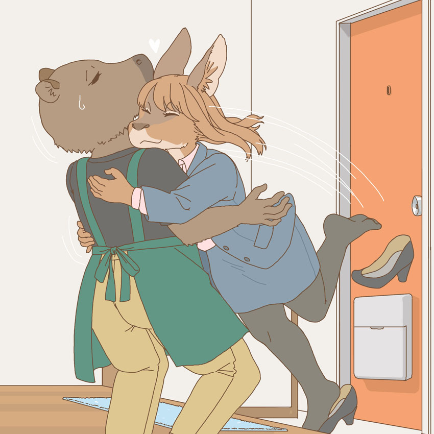 anthro bodily_fluids clothed clothing duo eyes_closed female footwear high_heels hug kemono male office_lady shoes sweat sweatdrop ekaki510 capybara caviid mammal mara_(genus) patagonian_mara rodent 1:1