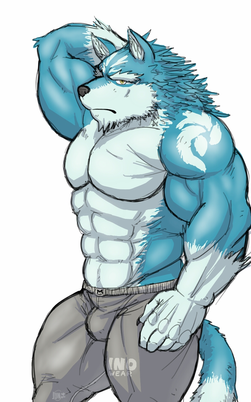 abs anthro athletic biceps big_muscles biped black_nose blue_body blue_fur bottomwear bulge claws clothed clothing flexing fur hand_behind_head looking_at_viewer male muscular muscular_anthro muscular_male pants pecs pose simple_background solo standing topless white_background yellow_eyes fb1907 mythology sparky_(xsparks) canid canine canis mammal mythological_canine mythological_creature werecanid werecanine werecreature werewolf wolf 2014 5:8 hi_res