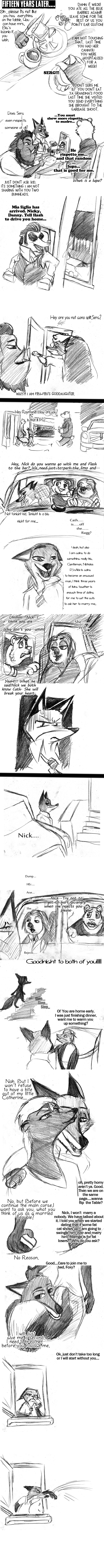 anthro clothing dialogue gbwr humor male simple_background text white_background jinksa disney zootopia nick_wilde serg the_kid canid canine fox mammal red_fox true_fox absurd_res comic english_text graphite_(artwork) greyscale hi_res long_image monochrome pencil_(artwork) tall_image traditional_media_(artwork)