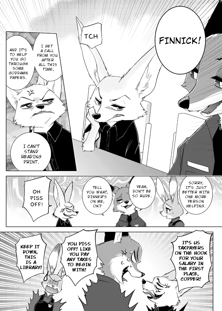 anthro clothing dialogue fur male text uniform namagakiokami disney zootopia finnick_(zootopia) judy_hopps nick_wilde canid canine fennec_fox fox lagomorph leporid mammal rabbit red_fox true_fox comic english_text monochrome