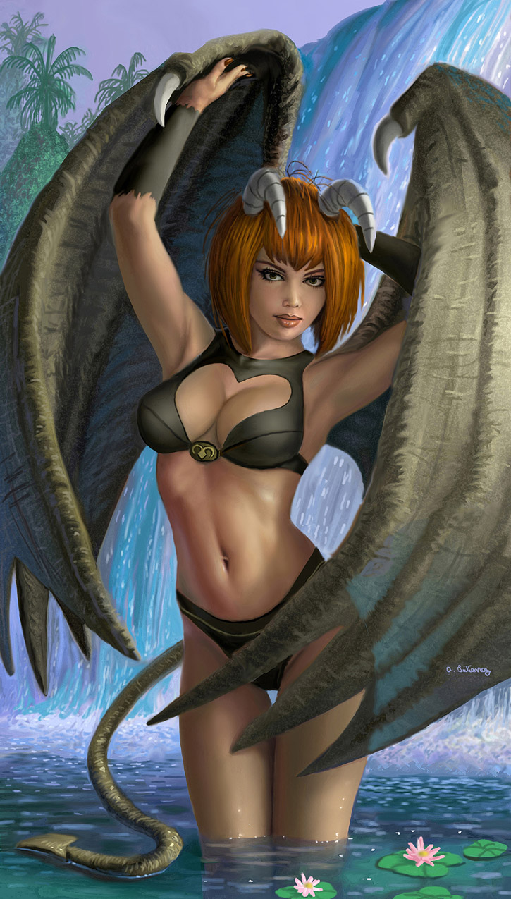 breasts clothed clothing detailed_background female flower front_view hair horn lily_pad looking_at_viewer membrane_(anatomy) membranous_wings monster_girl_(genre) nature navel not_furry orange_hair outside plant pose seductive skimpy solo spade_tail spread_wings standing tail water waterfall wings alangutierrezart monster_rancher tecmo demon humanoid pixie pixie_(monster_rancher) winged_humanoid detailed hi_res pinup