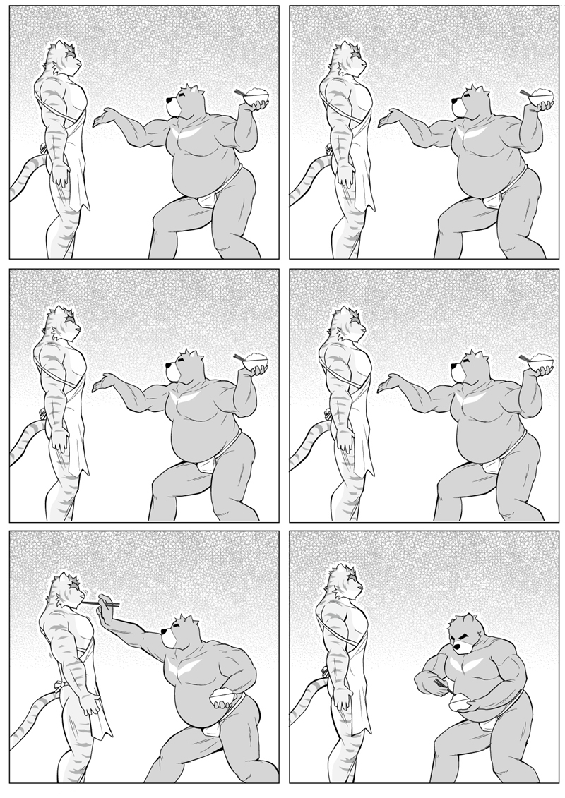 anthro apron apron_only asian_clothing base_three_layout chopsticks clothed clothing duo east_asian_clothing food fundoshi fundoshi_only grid_layout japanese_clothing male mostly_nude musclegut muscular muscular_male partially_clothed rice six_frame_grid six_frame_image skimpy three_row_layout topless underwear underwear_only poge_jirushi morenatsu juuichi_mikazuki torahiko_(morenatsu) bear felid mammal pantherine tiger 2019 comic