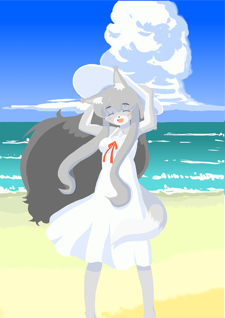 anthro beach blue_eyes blush clothing cloud detailed_background eyes_closed female fur grey_body grey_fur grey_hair hair hat headgear headwear kemono long_hair open_mouth outside sand seaside sky solo water kin-shun moco_(kin-shun) canid canine canis mammal wolf digital_media_(artwork)