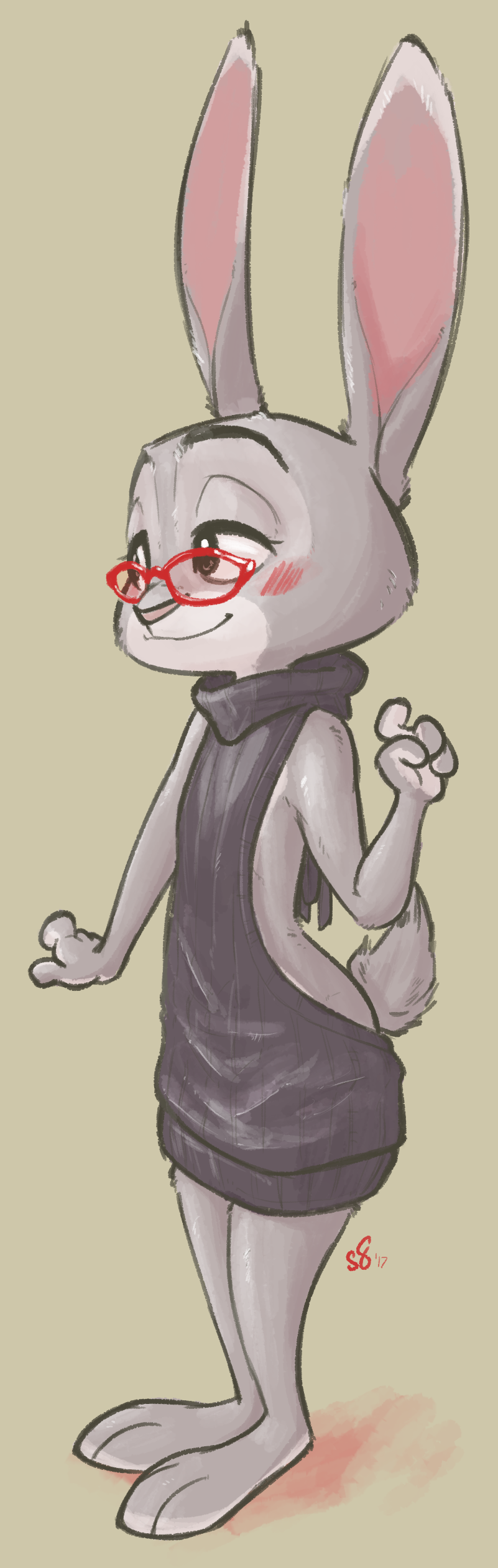 anthro blush clothed clothing eyewear female fur glasses grey_body grey_fur simple_background smile solo sweater topwear virgin_killer_sweater alec8ter conditional_dnp disney meme_clothing zootopia violet_hopps lagomorph leporid mammal rabbit 2017 absurd_res hi_res meme signature