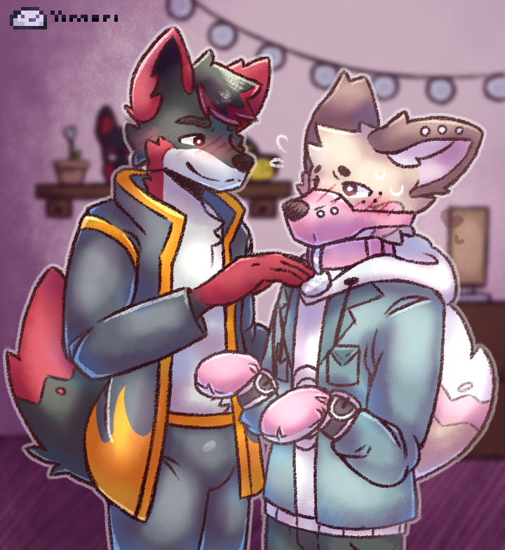 anthro blurred_background bodily_fluids bondage_gear bondage_gloves clothing collar duo gag handwear heart_symbol male male/male muzzle_gag sweat unbread_yimori delsin_adashio yimori canid canine canis fennec_fox fox mammal true_fox wolf