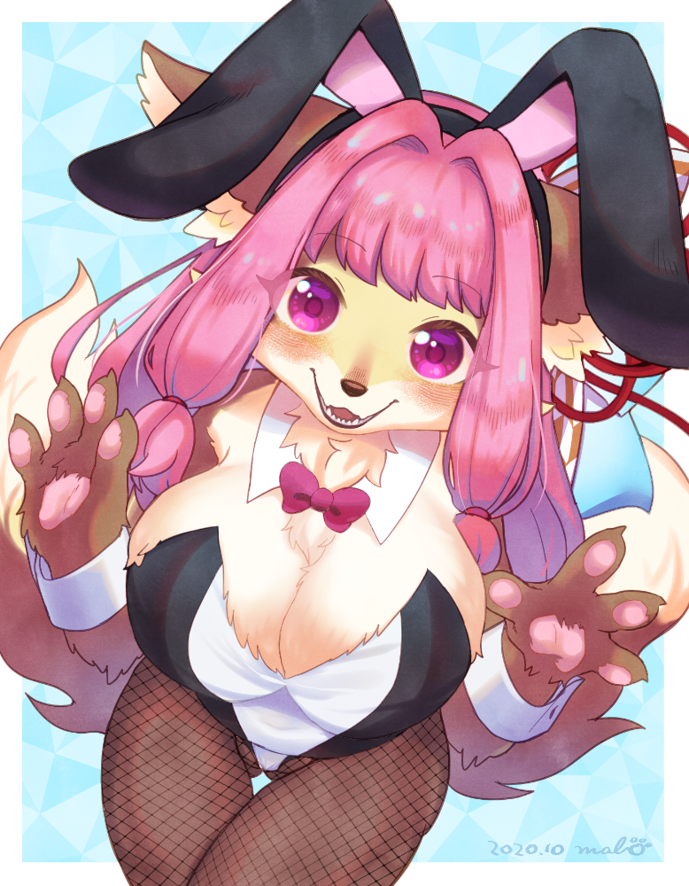 4_fingers accessory anthro big_breasts black_nose blush bow_(feature) bow_in_front bow_tie breasts brown_body brown_fur bunny_costume chest_tuft claws cleavage clothed clothing costume dipstick_tail fake_ears fake_rabbit_ears female female_anthro fingers fluffy fluffy_tail fur gloves_(marking) hair hair_accessory hair_intakes hair_tie happy inner_ear_fluff kemono legwear looking_at_viewer markings multicolored_body multicolored_fur multicolored_tail pawpads pink_eyes pink_hair shirt_collar shirt_cuffs smile solo stockings tail tail_markings teeth tuft white_body white_fur yellow_body yellow_fur mabo_(artist) vtuber fox_(ohanakana) canid canine fox mammal 2020 digital_media_(artwork) portrait signature three-quarter_portrait