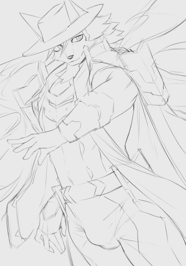 anthro bulge cloak clothing hat headgear headwear looking_at_viewer male solo tight_clothing uniform yurari_yr lifewonders live_a_hero esperdica canid canine canis mammal wolf 2024 monochrome sketch