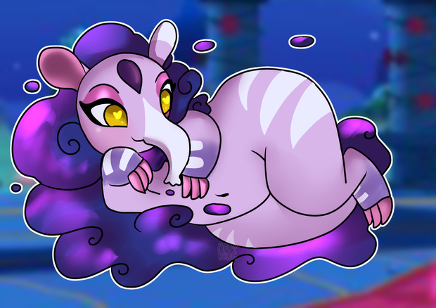 anthro claws eyeshadow female hair heart_eyes heart_symbol lying makeup on_side purple_body purple_hair solo thick_thighs wide_hips yellow_eyes anykoe them's_fightin'_herds nidra_(tfh) mammal tapir 2024 digital_media_(artwork)