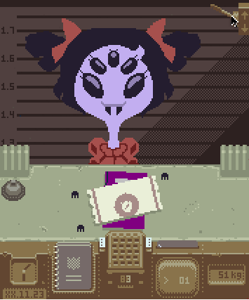 bell book clock clothed clothing document female lever metric_unit multi_eye number passport solo unit watch sulfurado papers_please undertale undertale_(series) muffet arachnid arthropod humanoid monster spider low_res