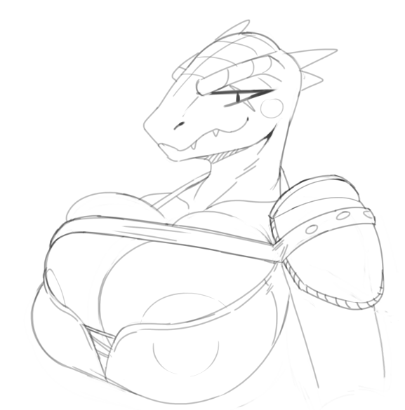 anthro areola areola_slip armor big_breasts breasts clothed clothing eye_scar facial_scar female huge_breasts leather leather_armor non-mammal_breasts scar skimpy solo dpronin bethesda_game_studios microsoft skyrim the_elder_scrolls deeja argonian reptile scalie monochrome sketch