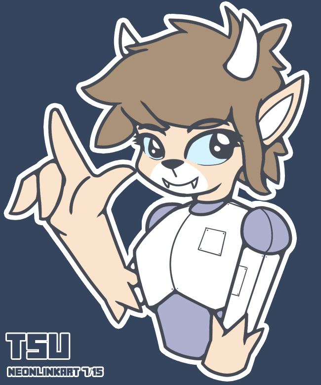 anthro blue_background blue_eyes brown_hair cybernetics fangs female hair happy horn looking_at_viewer machine simple_background smile solo teeth neonlink tsu_(neonlink) cyborg deer mammal monster robot 2015 5:6