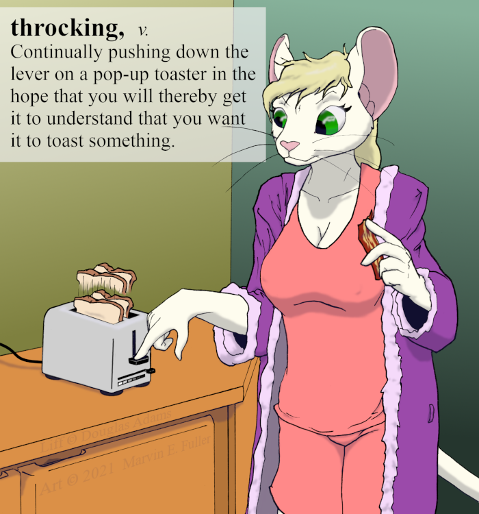 anthro appliance bacon bathrobe blonde_hair bread breasts cleavage clothed clothing counter definition female food fur green_eyes hair kitchen kitchen_appliance kitchen_counter meat purple_bathrobe purple_clothing purple_robe robe sleepwear solo text toaster white_body white_fur cybercorn_entropic the_meaning_of_liff cynthia_boggs mammal mouse murid murine rodent 2021 english_text