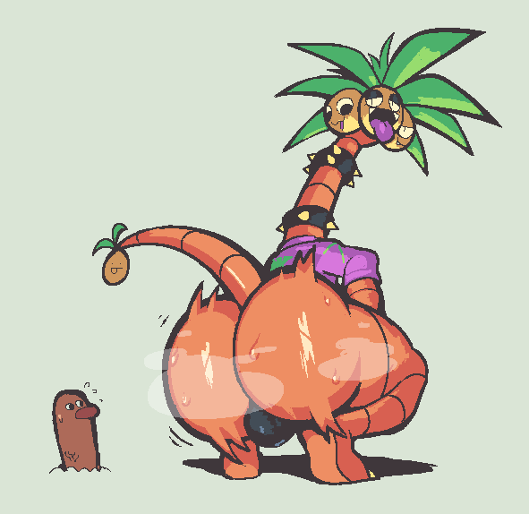 aloha_shirt anthro big_butt bikini_thong bodily_fluids bulge butt clothing collar eyeshadow humor makeup male musk musk_clouds pattern_clothing pattern_shirt pattern_topwear purple_tongue shirt spiked_collar spikes sweat sweaty_butt swimwear tongue tongue_out topwear berryofmalice nintendo pokemon alolan_exeggutor alolan_form diglett generation_1_pokemon generation_7_pokemon pokemon_(species) regional_form_(pokemon)