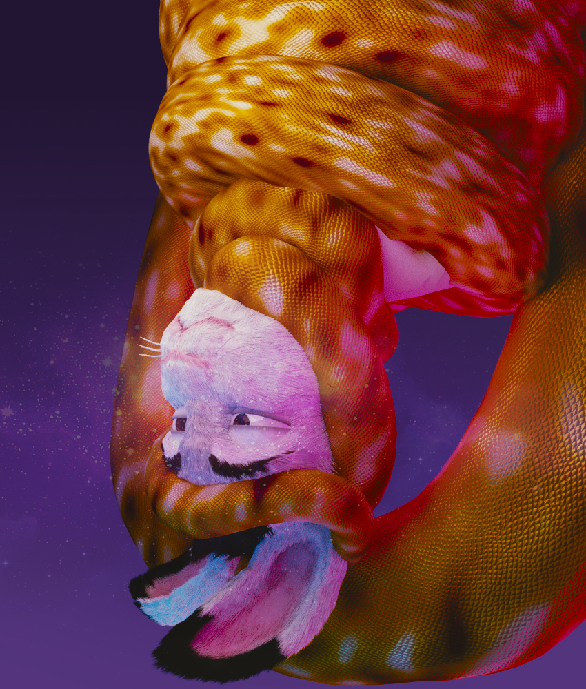 ambiguous_gender anthro black_body black_fur brown_hair calm coiling duo dust feral fur hair male male/ambiguous orange_body orange_scales pink_inner_ear scales smile spores upside_down white_body white_fur whiteshadowhare lagomorph leporid mammal rabbit reptile scalie snake 3d_(artwork) digital_media_(artwork)