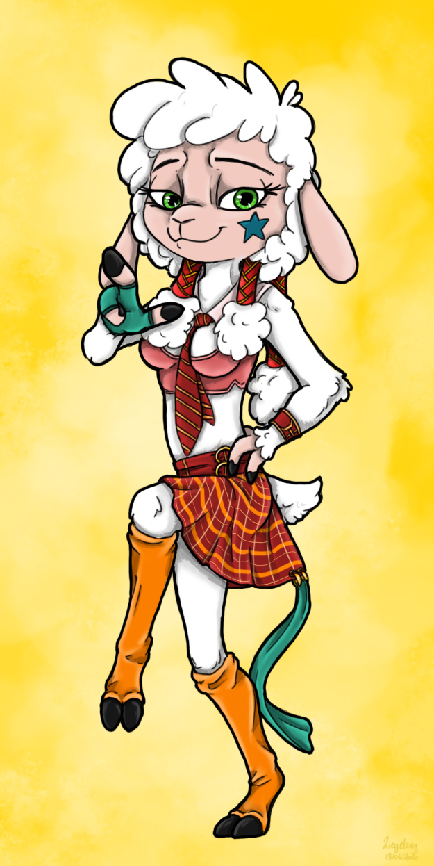 2_toes 3_fingers anthro bottomwear clothed clothing dancing feet female fingers fully_clothed fur green_eyes necktie skirt solo toes white_body white_fur ziegelzeig bad_guy_cafe bo_beep bovid caprine mammal sheep hi_res