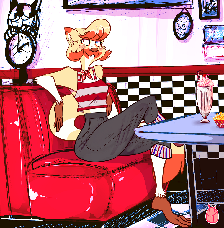 1980s_theme alternative_fashion anthro arm_support arm_tuft barefoot beverage biped blonde_hair blush blush_stickers bob_cut bottomwear breasts brown_body brown_fur brown_nose capri_pants chair checkered checkered_floor checkered_wall cherry clock clothed clothing crossed_legs diner dipstick_ears drinking_straw ear_markings ears_back eye_through_hair eyebrow_through_hair eyebrows eyelashes feet female food fries fruit fur furniture glass gloves_(marking) grey_bottomwear grey_clothing hair heterochromia humanoid_hands inner_ear_fluff inside kerchief leaning_on_elbow leg_markings leg_tuft long_tail looking_away markings midriff milkshake multicolored_body multicolored_ears multicolored_fur multicolored_hair neckerchief neckwear on_chair orange_body orange_fur orange_hair pants pink_clothing pink_topwear pivoted_ears plant prehensile_feet pupils raised_eyebrows red_clothing red_topwear restaurant rockabilly shirt short_hair side_view sitting slim small_breasts small_pupils small_waist smile socks_(marking) solo striped_body striped_fur striped_markings striped_tail stripes table tail tail_markings tank_top toes toony topwear translucent translucent_hair tuft two_tone_hair white_body white_fur white_stripes yellow_body yellow_fur yellow_stripes ryarik lemur mammal primate ring-tailed_lemur strepsirrhine 2017 digital_media_(artwork) watermark