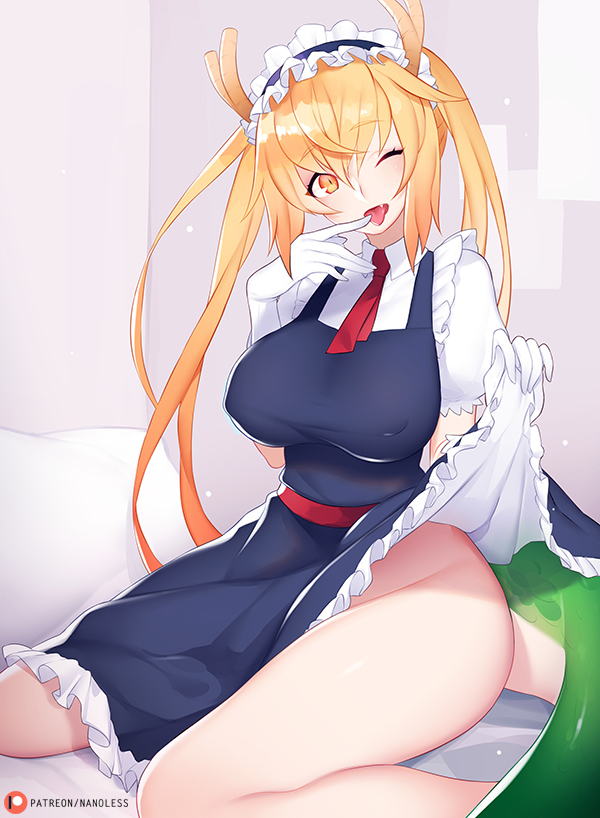 ;d bangs bed bed_sheet bedding big_breasts black_clothing black_dress blonde_hair blush breasts clothed clothing clothing_lift collarbone collared_shirt covered_navel dragon_tail dress dress_lift erect_nipples eyebrow_through_hair eyebrows fangs female finger_to_mouth frilly furniture glistening glistening_hair gloves hair handwear horn lifted_by_self long_hair looking_at_viewer maid_headdress multiple_angles necktie nipples no_underwear on_bed one_eye_closed open_mouth pigtails pillow puffy_sleeves pupils red_neckwear shirt short_sleeves sitting slit_pupils smile solo tail teeth tongue tongue_out topwear translucent translucent_hair wariza white_clothing white_gloves white_handwear white_shirt white_topwear yellow_eyes nanoless miss_kobayashi's_dragon_maid mythology tohru_(dragon_maid) animal_humanoid dragon dragon_humanoid humanoid mammal mythological_creature mythological_scalie scalie 2018