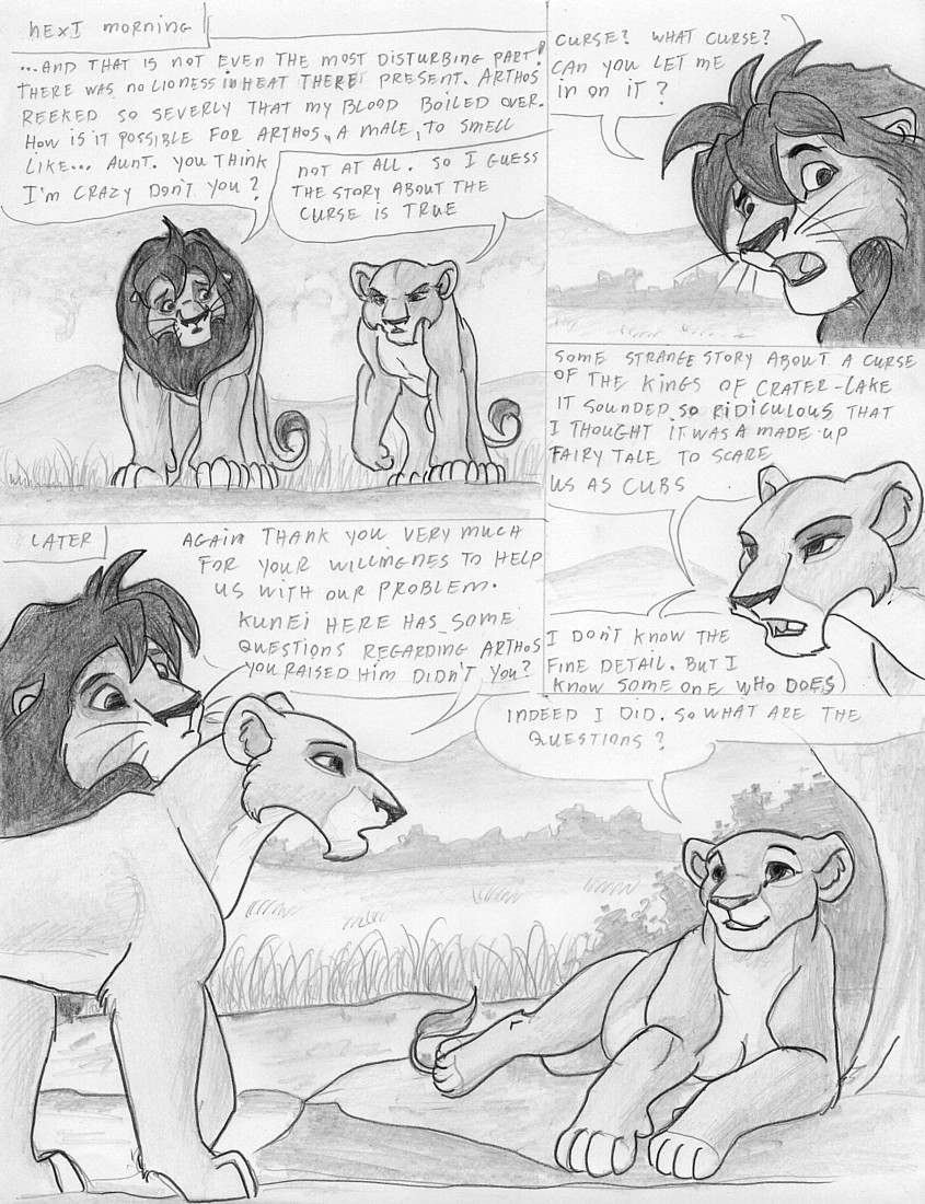 dialogue digitigrade female feral male quadruped tail text leovictor kunei leya felid lion mammal pantherine 2008 comic english_text greyscale monochrome