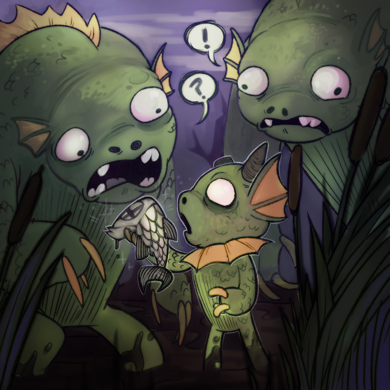 broken_horn claw_fingers female fin frill_(anatomy) green_body green_scales group horn male neck_frill reeds scales speech_bubble swamp trio white_eyes young bizarre_bait don't_starve klei_entertainment wurt fish humanoid marine merm 1:1