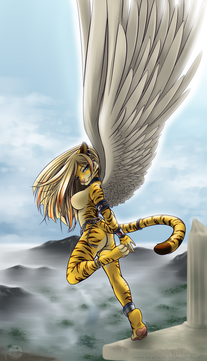 4_toes accessory anklet anthro armor blonde_hair blue_eyes bracers breasts butt chain chain_jewelry cloud column detailed_background ear_piercing feathered_wings feathers feet female fog forest furgonomics gem hair high_place highlights_(coloring) jewelry long_hair looking_at_viewer looking_back looking_back_at_viewer mountain nipples nude orange_highlights outside pawpads piercing pink_pawpads plant ring rock ruins scenic_view sky soles solo stripes tail tail_accessory tail_jewelry tail_ring toes tree wings wood abluedeer azazial felid feline mammal pantherine tiger hi_res