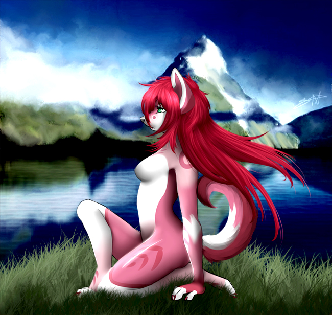 anthro belly breasts cloud female fur green_eyes hair mountain outside red_body red_fur red_hair sky solo white_belly white_body white_fur pacmancorp soriana