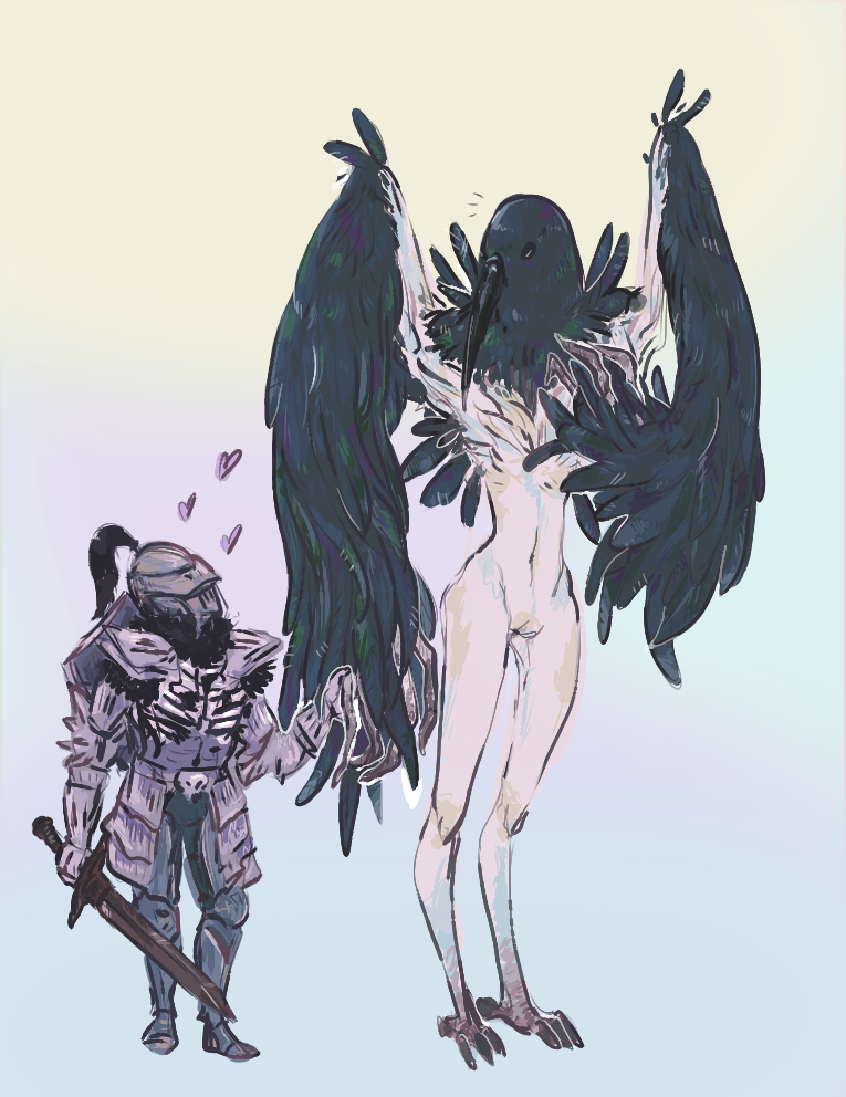 anthro beak breasts duo female heart_symbol non-mammal_breasts unknown_artist dark_souls fromsoftware chosen_undead ornifex avian bird corvid corvus_(genus) crow crow_demon demon oscine passerine