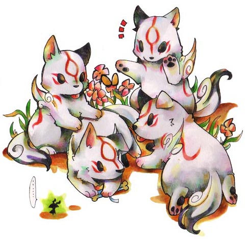 black_eyes bone female feral flower fur grass group plant tail white_body white_fur young young_feral izumi_asuka capcom clover_studio okami_(capcom) amaterasu_(okami) issun_(okami) canid canine canis deity mammal poncle wolf low_res