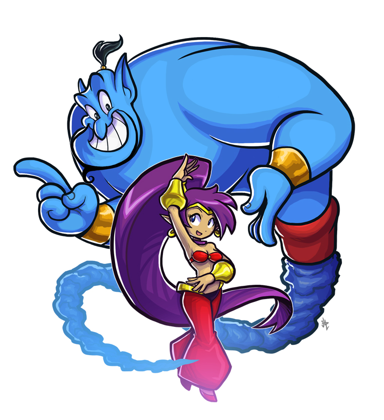 black_hair blue_eyes breasts clothing duo ear_piercing female hair humanoid_pointy_ears long_hair male not_furry piercing pointy_ears ponytail purple_hair simple_background smile teeth henlp disney disney's_aladdin shantae_(series) wayforward genie_(disney) shantae genie humanoid 2019 crossover signature