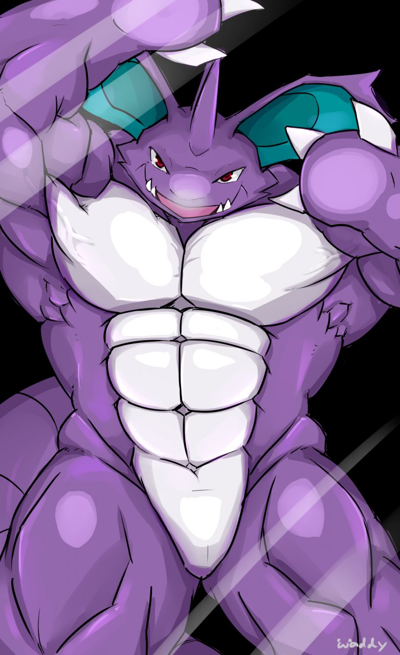 abs against_surface anthro countershading front_view glass horn long_ears looking_at_viewer male muscular muscular_anthro muscular_arms muscular_male muscular_thighs on_glass open_mouth pecs purple_body red_eyes solo underbite vein veiny_muscles white_body waddledox nintendo pokemon generation_1_pokemon nidoking pokemon_(species) 2014 digital_media_(artwork) hi_res signature