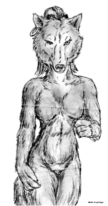 anthro barely_visible_nipples breasts ear_piercing female looking_at_viewer nipples piercing pubes solo doug_winger canid canine canis mammal wolf 1993 greyscale monochrome