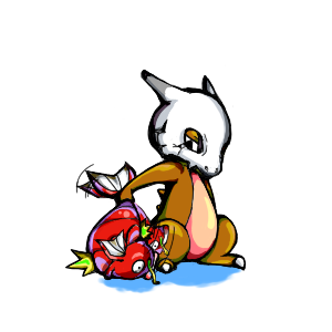 ambiguous_gender bone duo feral holding_another holding_tail simple_background skull skull_head tail tail_grab white_background krkr nintendo pokemon cubone generation_1_pokemon magikarp pokemon_(species) 1:1 2009 low_res