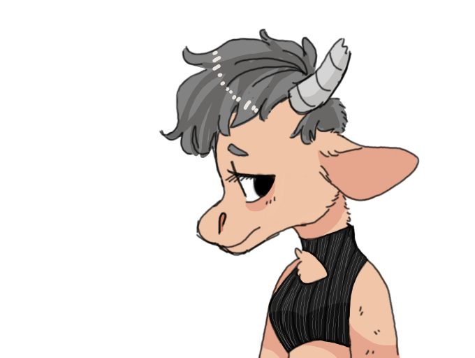 anthro black_clothing black_crop_top black_shirt black_topwear blush broken_horn brown_body brown_fur cheek_tuft chest_tuft cleavage_cutout clothed clothing crop_top cutout ear_tuft facial_tuft female fur grey_hair grey_horn hair horn keyhole_clothing keyhole_topwear midriff neck_tuft shirt simple_background solo topwear tuft white_background manitka manitka_(character) bovid bovine cattle mammal 2019 digital_media_(artwork)