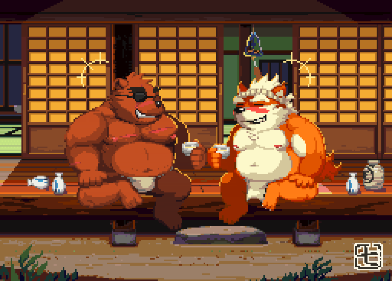 alcohol anthro asian_clothing beverage brown_body clothing detailed_background duo east_asian_clothing eye_patch eyewear fundoshi japanese_clothing kemono male mature_male musclegut muscular night orange_body outside overweight overweight_male sake sake_bottle scar underwear white_clothing white_fundoshi white_underwear nanadragon4 the_spicy_ninja_scrolls gouki_(the_spicy_ninja_scrolls) taika_(the_spicy_ninja_scrolls) bear canid canine canis domestic_dog mammal 2024