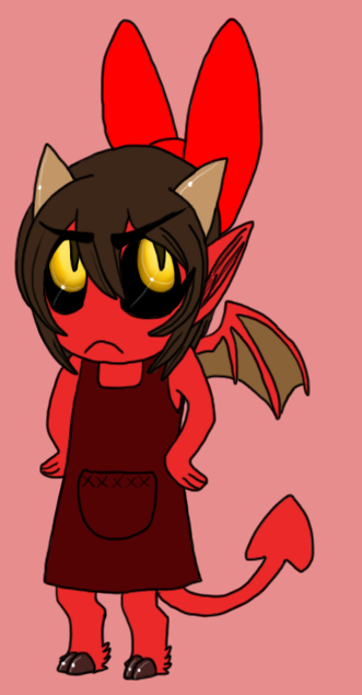 2_toes ambiguous_gender apron clothing feet frown hand_on_hip jersey membrane_(anatomy) membranous_wings micro nekokitsune not_furry pink_background red_body red_skin simple_background smile solo spade_tail tail toes wings yellow_sclera young vonderdevil creepypasta grinner cryptid demon