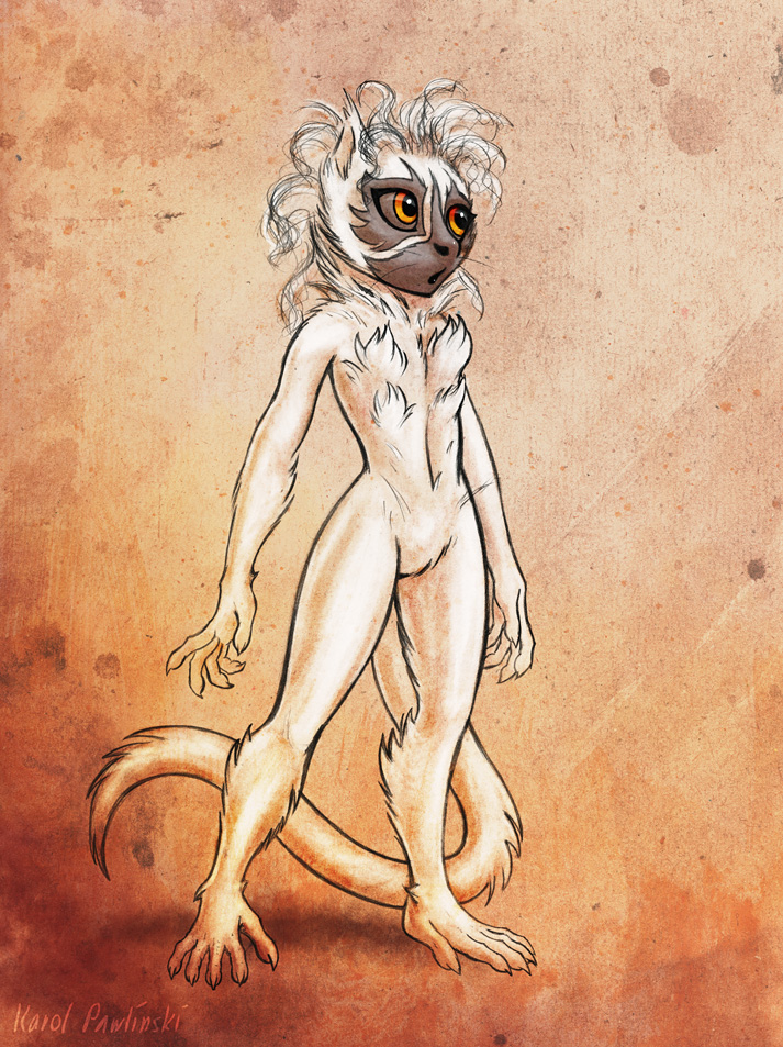 anthro biped female fur solo standing tail white_body white_fur yellow_eyes karol_pawlinski lemur mammal primate sifaka silky_sifaka strepsirrhine