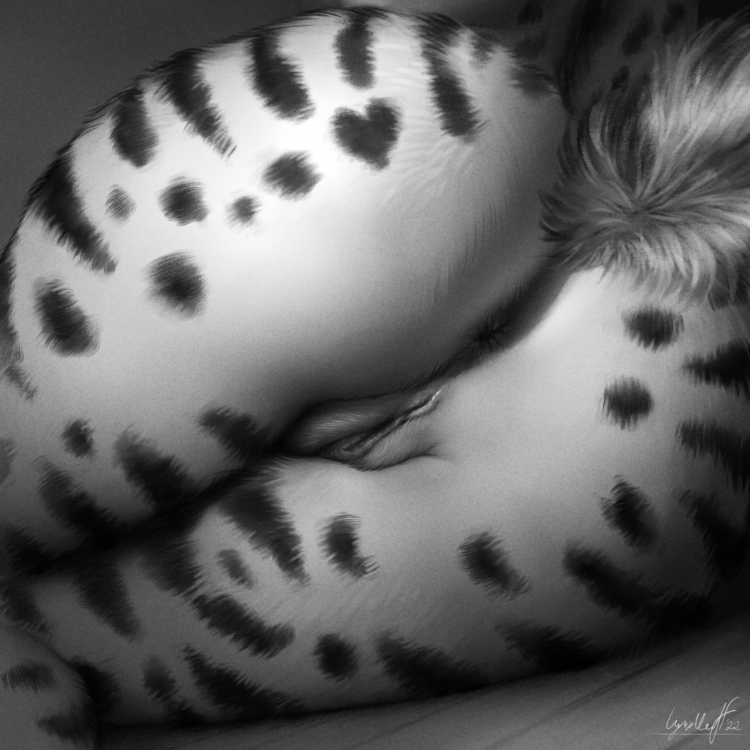 anthro anus butt butt_focus female fur genitals lying markings nude on_side presenting presenting_hindquarters pussy simple_background solo spots spotted_body spotted_fur lynxwolf lynxwolf2 rivka_(sausysandwich) felid feline leptailurus_(genus) mammal serval 1:1 digital_media_(artwork) monochrome