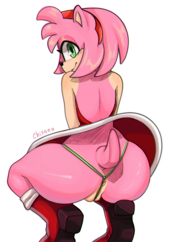 accessory anthro anus anus_behind_g-string anus_behind_thong boots butt clothing crouching female footwear g-string genitals green_eyes hair hair_accessory hairband looking_back pink_body pink_hair pink_tail pussy rear_view shoes simple_background solo tail thong tiptoes underwear white_background chisana sega sonic_the_hedgehog_(series) amy_rose eulipotyphlan hedgehog mammal digital_media_(artwork) signature