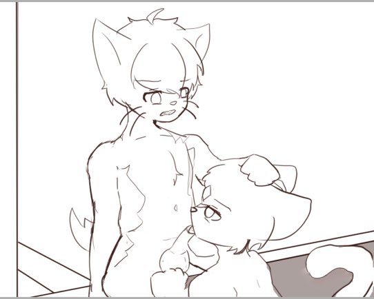 anthro clothing duo eye_contact fellatio licking looking_at_another looking_down male male/male oral penile sex tongue touching_head undressing young roralon_(artist) canid canine canis domestic_cat domestic_dog felid feline felis mammal letterbox monochrome