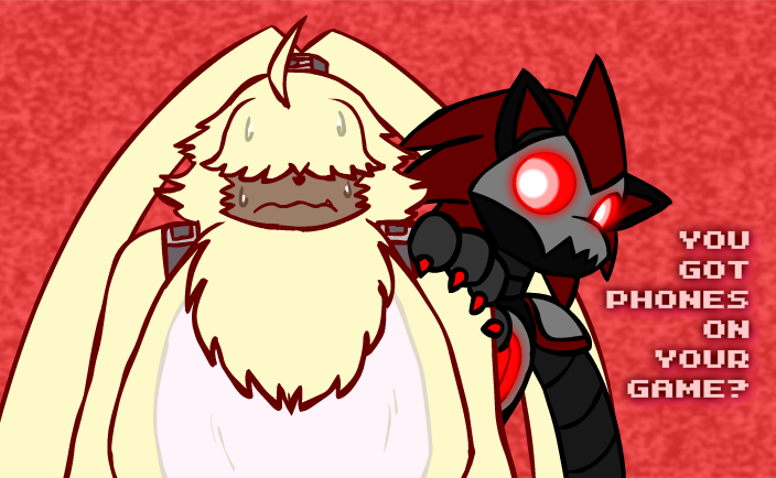 ahoge anthro belt duo fur glowing glowing_eyes hair hair_over_eyes humor long_ears machine male ponytail_ears red_eyes text yellow_body yellow_fur malamiteltd bandai_namco digimon angoramon digimon_(species) robot english_text