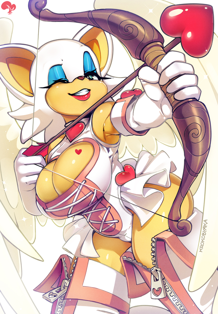 anthro armwear arrow_(weapon) blue_eyes bow_(weapon) breasts cleavage cleavage_cutout clothed clothing cutout elbow_gloves eyelashes eyeshadow female gloves hair handwear heart_symbol holding_object holding_weapon legwear leotard lipstick makeup ranged_weapon red_lipstick solo thigh_highs weapon white_hair zipper krokobyaka sega sonic_the_hedgehog_(series) cupid rouge_the_bat angel bat mammal 2019 digital_media_(artwork) hi_res signature