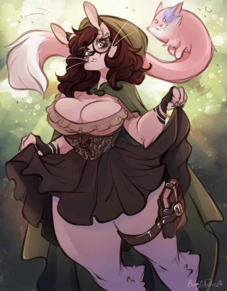 anthro big_breasts bottomwear breasts cleavage clothed clothing clothing_lift eyewear female feral glasses size_difference skirt skirt_lift smaller_feral thick_thighs bunnywhiskerz lagomorph leporid mammal rabbit 2023 tagme