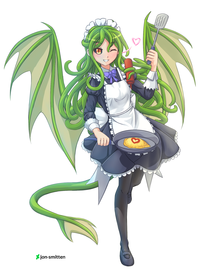 black_sclera blush bow_in_back clothed clothing cookware female food footwear frying_pan heart_symbol holding_object kitchen_utensils looking_at_viewer maid_uniform monster_girl_(genre) neck_bow one_eye_closed pseudo_hair shoes simple_background smile solo spatula tentacle_hair tentacles tools transparent_background uniform waist_bow wings wink jon-smitten cthulhu_mythos h._p._lovecraft cthulhu eldritch_abomination humanoid 3:4 alpha_channel